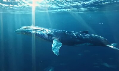 Poster - Majestic blue whale swimming through deep waters, Video