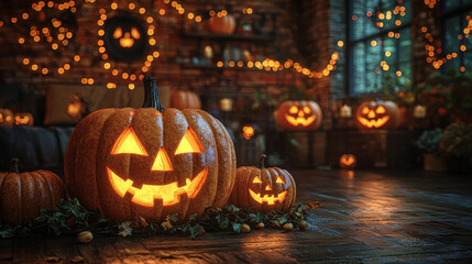 Wall Mural - Lit jack-o'-lanterns on a rustic wooden floor.