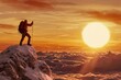 © weerasak - A lone climber stands triumphantly on a mountain peak, basking in the golden glow of a breathtaking sunset over the clouds.