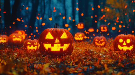 Wall Mural - Spooky jack-o'-lanterns in a dark forest.