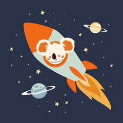 Wall Mural - Flat vector illustration in children's style. Cute kofla in a rocket flying in space, stars and planets. Vector illustration
