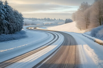 Wall Mural - Winter view of a country road with snowy curves