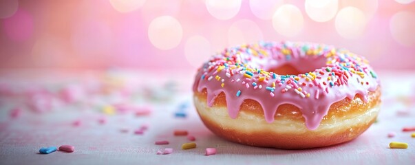 Delicious donut covered with pink icing and sprinkles on pink background