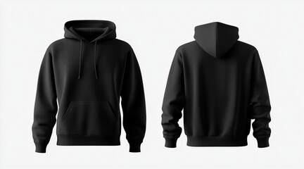 Blank hoodie color black template front and back view on white background. crew neck mock up isolated on white background. Created using Generative AI Technology