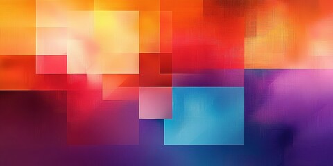 abstract colorful composition, geometric shapes, overlapping squares and rectangles, shades of orange, red, purple, blue, gradient color blending, blurred edges, dreamy and surreal, digital art style