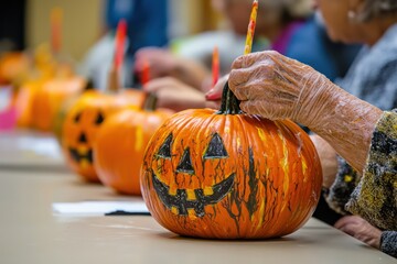 Seniors engage in a festive pumpkin decorating contest, showcasing creativity and community spirit.