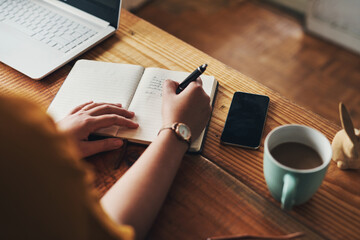 Aufkleber - Hands, diary and writing with notes for project, blog or article in home office. Journalist, thinking and notebook for remote work, planning or research for copywriting or freelance career in house