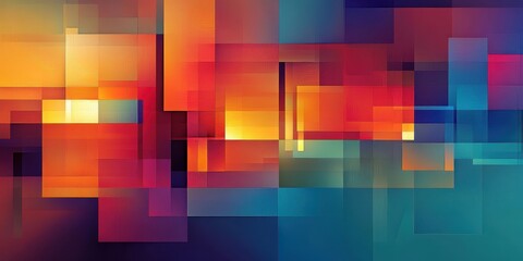 abstract colorful composition, geometric shapes, overlapping squares and rectangles, shades of orange, red, purple, blue, gradient color blending, blurred edges, dreamy and surreal, digital art style