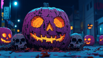 A glowing jack-o'-lantern sits on a sidewalk with skulls, creating a spooky Halloween scene.