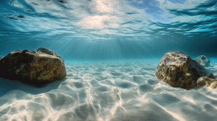 Wall Mural - Underwater scene, crystal clear turquoise waters, sandy seabed ripples, sunlight rays piercing through, coral reef boulders, split view with ocean surface, serene and tranquil ambiance