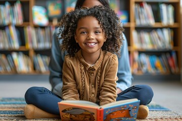 A children's storytime with a librarian reading multicultural books, space for text