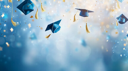 Blue Graduation Caps with Golden Stars and Confetti