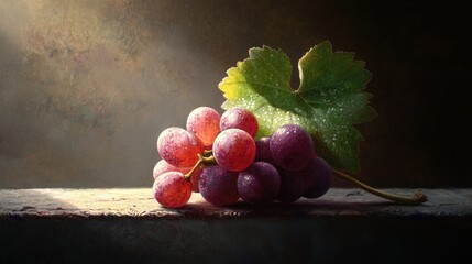 A Cluster of Red Grapes With a Green Leaf and Sunlight