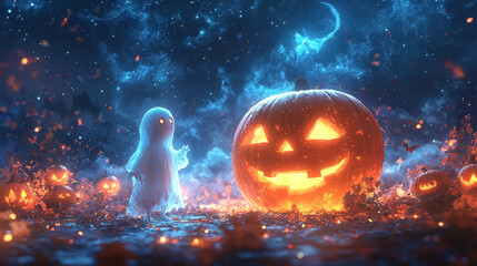 A friendly ghost visits a glowing jack-o-lantern.