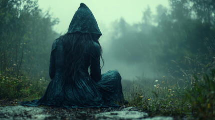 A woman sits alone in a misty forest, her back to the camera.