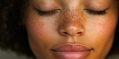 Calm Center: A close-up of a person's eyes gently closed, lips pursed, resting on a plain, soft surface.