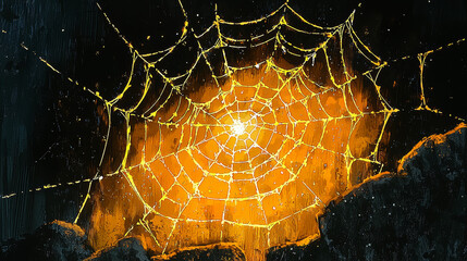 A glowing spiderweb against a dark background.