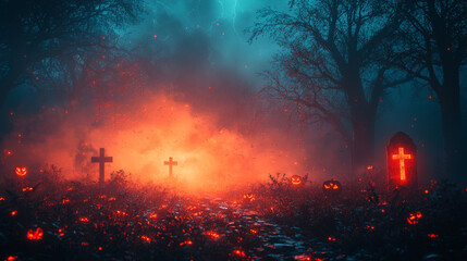 Wall Mural - Spooky forest path lit by glowing jack-o'-lanterns.