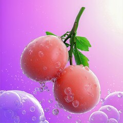 fresh pink fruit on a branch with bubbles, creating a vibrant and refreshing atmosphere. ideal for f