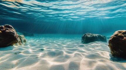 Wall Mural - Underwater scene, crystal clear turquoise waters, sandy seabed ripples, sunlight rays piercing through, coral reef boulders, split view with ocean surface, serene and tranquil ambiance