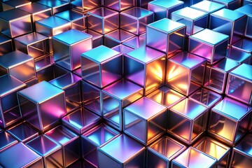 Canvas Print - Colorful metallic 3d cubes with reflections and neon lighting in modern geometric composition