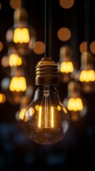 Wall Mural - Close up of vintage hanging lightbulb glowing in dark room