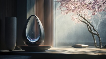 Wall Mural - Minimalist Interior Design with a Modern Sculpture and a Window View of a Cherry Blossom Tree