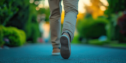 Assured Stride: A close-up of a person walking confidently, their posture straight and their gaze ahead.