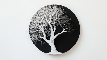 Wall Mural - White tree sculpture casting shadow on black circle background