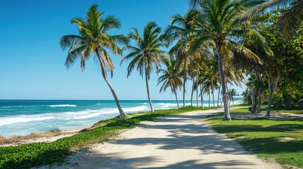 Wall Mural - A beachside pathway lined with palm trees, leading to the sandy shore with a tranquil ocean view.