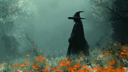 Sticker - A mysterious witch in a black robe and pointed hat stands in a foggy forest.