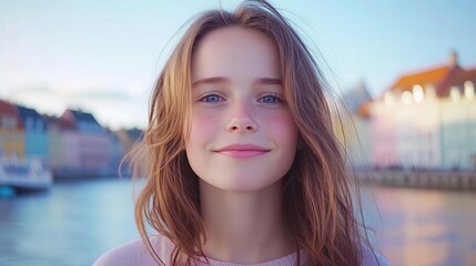 A cheerful young woman smiles near a scenic waterfront, radiating happiness against a backdrop of colorful buildings.