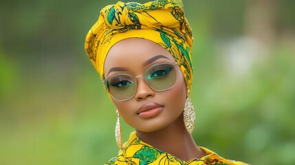 A confident woman in vibrant attire and sunglasses, showcasing beauty and style in an outdoor setting.