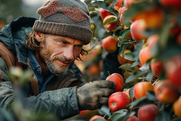 A man is picking apples from a tree