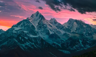 Poster - Majestic mountain range at dusk with the sky ablaze in vibrant colors, Video