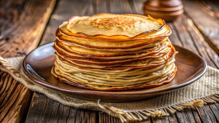 A delicious stack of golden pancakes served on a rustic plate, perfect for breakfast or brunch moments.