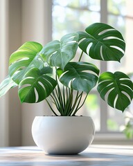 A vibrant monstera plant in a chic white pot, adding a touch of nature to any indoor space with its lush green foliage.