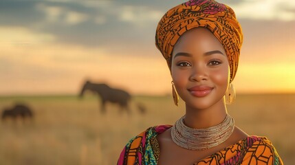 Stunning portrait of a woman in traditional attire, capturing the beauty of culture against a serene sunset backdrop.