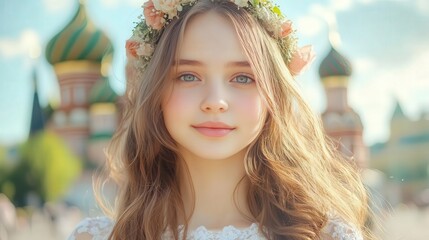 A young girl with a floral crown and soft smile, standing in front of a vibrant historic backdrop under clear blue skies.