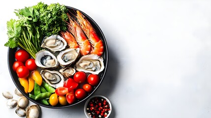 A vibrant seafood platter featuring fresh oysters, shrimp, and colorful vegetables, perfect for healthy eating and culinary delight.