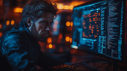A man is sitting in front of a computer monitor with a beard and a serious expression. He is typing on a keyboard and looking at the screen