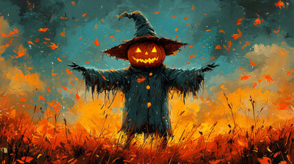 Wall Mural - A whimsical scarecrow with a pumpkin head stands in a field of tall grass.