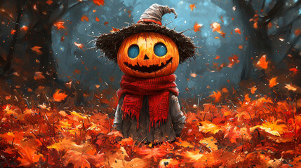 Wall Mural - A smiling pumpkin scarecrow stands in a field of fall leaves.