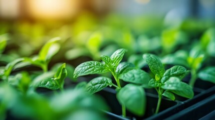 Canvas Print - Green Seedlings Growing in Tray