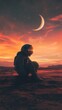 © Denys - Astronaut sitting on mars surface watching sunset with crescent moon