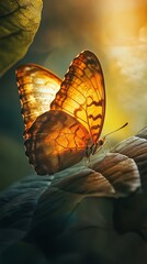 Wall Mural - Beautiful butterfly resting on green leaves in nature