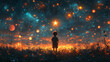 © Vertigo Images - A young boy gazes up at a sky full of stars and planets.