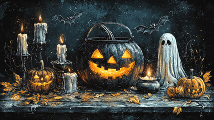 Wall Mural - Spooky Halloween scene with jack-o-lanterns, candles, and a ghost.