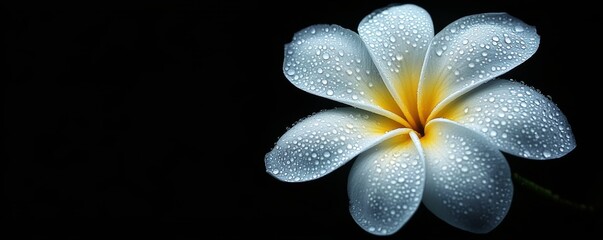 Beautiful white frangipani flower covered with water droplets on black background