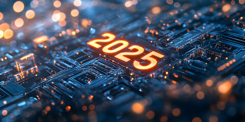 Wall Mural - new year 2025 digital background with futuristic circuit board structure